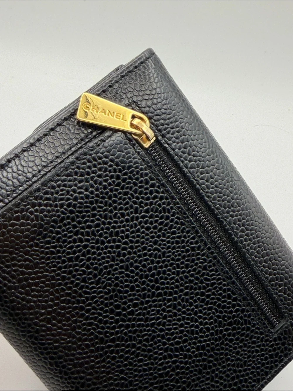 CHANEL Black Caviar Leather Compact Trifold Wallet
